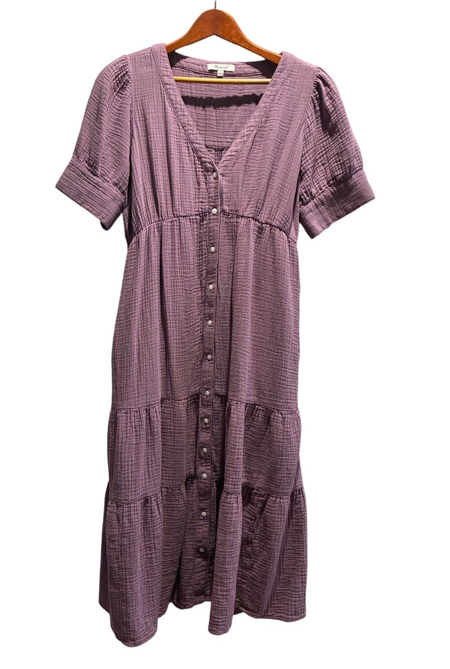 Madewell Lightspun Button-Front Tiered Midi Dress in Dusk Peri Purple